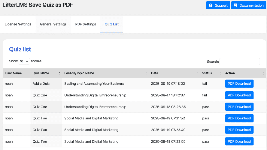 Image showing LifterLMS save quiz as PDF. 