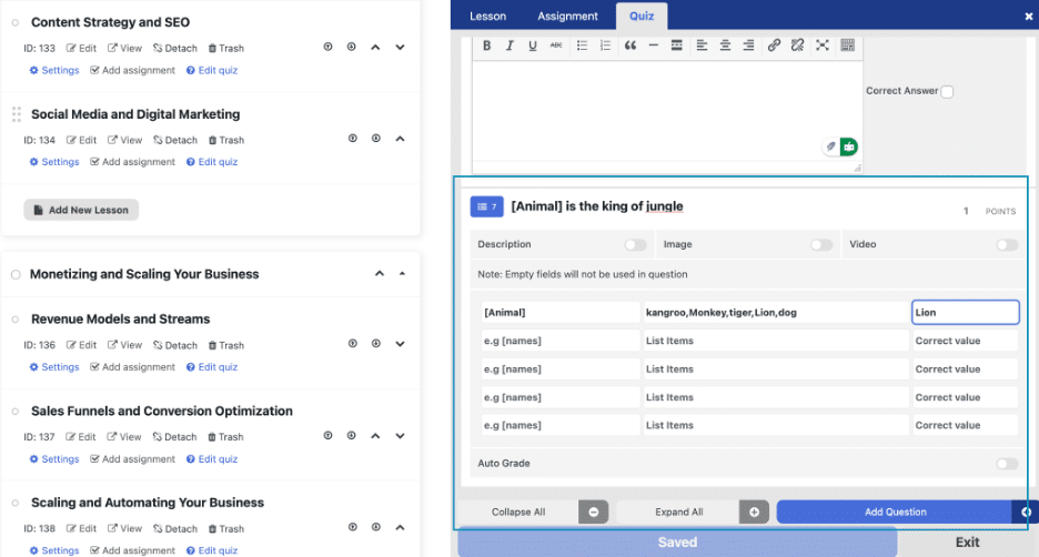 Image showing the features of LifterLMS quizzes Pro. 