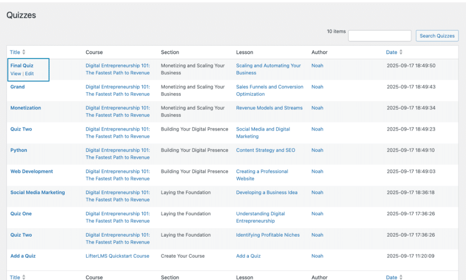 Image showing ho easy it is to navigate and edit quiz section. 
