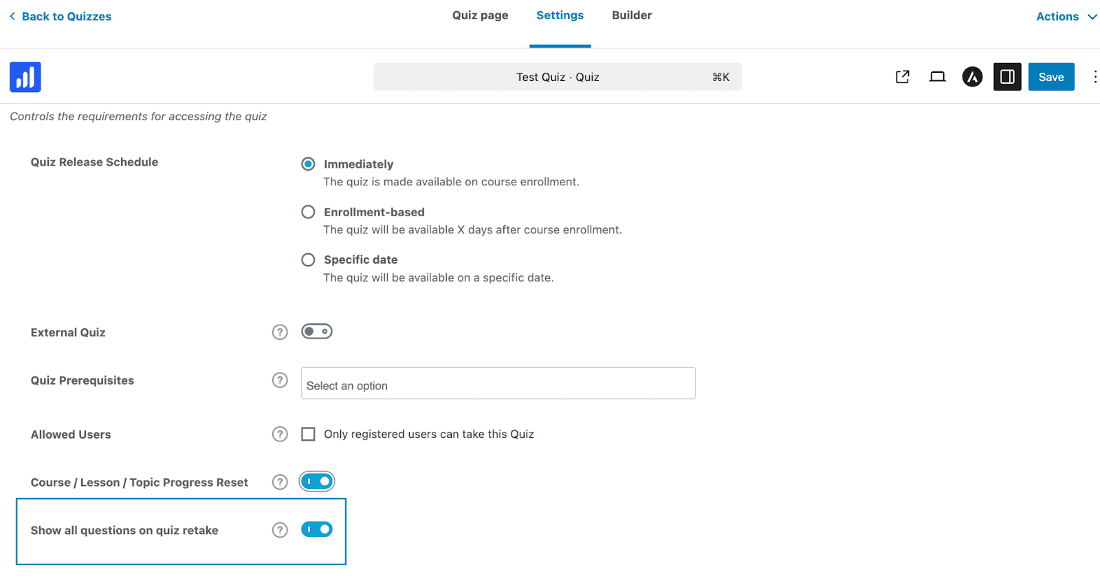 Image showing setting options to show all questions on quiz retake.