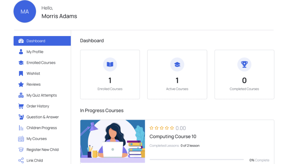 Image showing the dashboard of a student. 