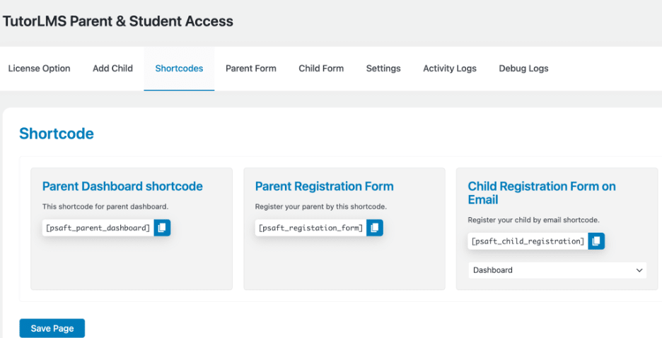Image showing tutorLMS parent and student short codes. 
