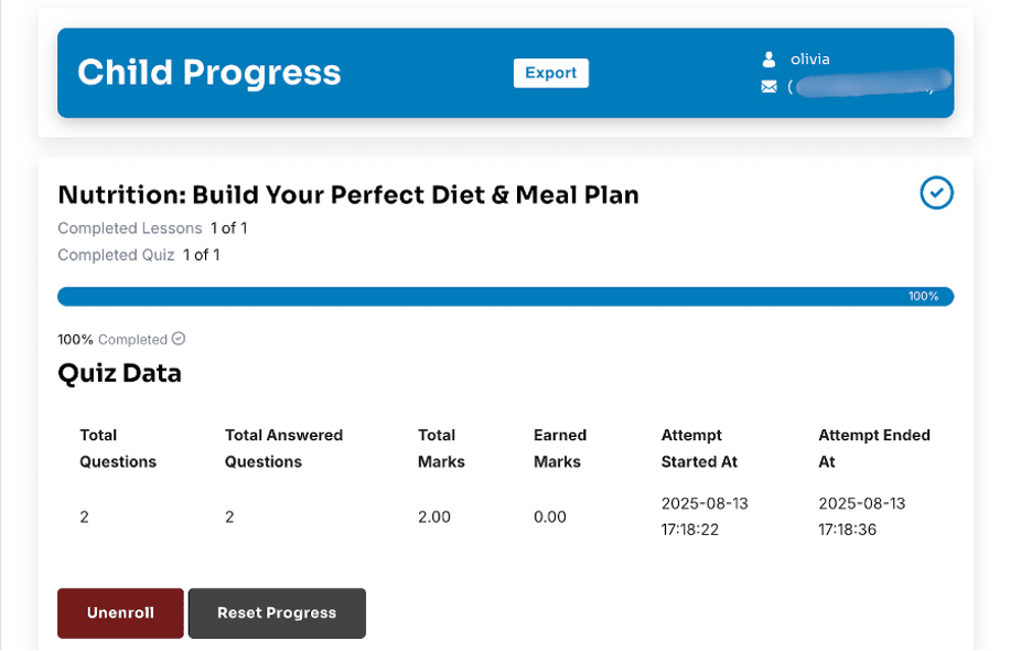 Image showing your childs progress quiz data. 