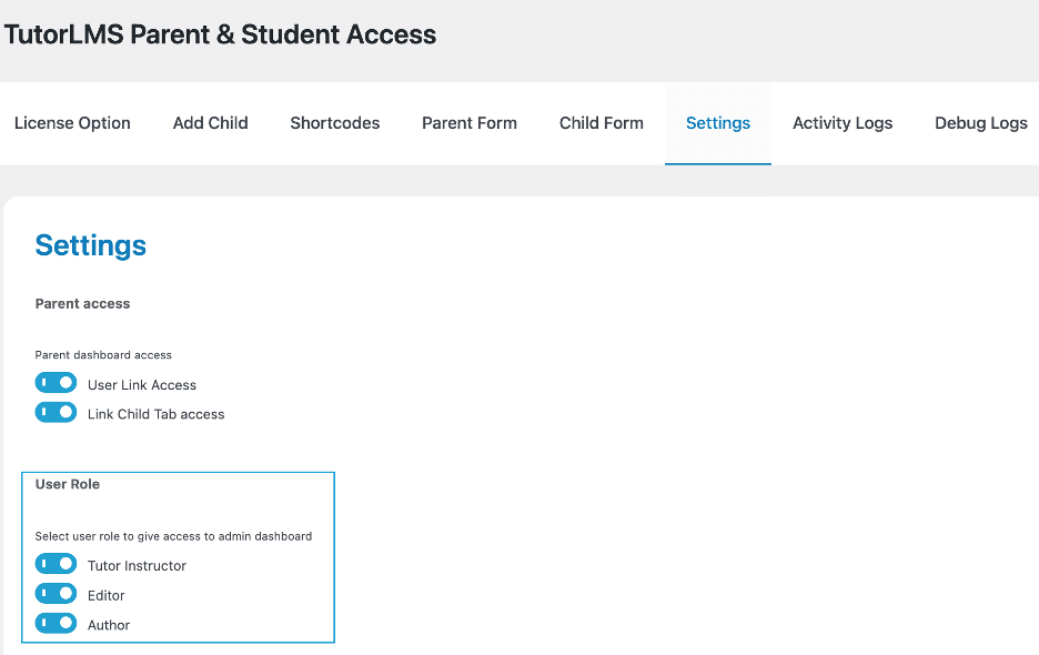 Image showing TutorLMS parent and student access. 