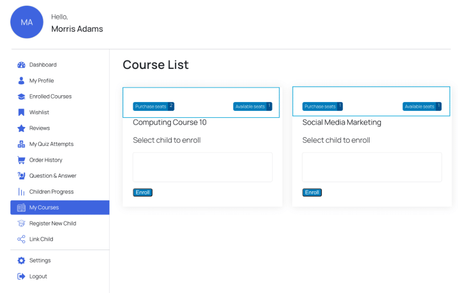 Image showing course list.