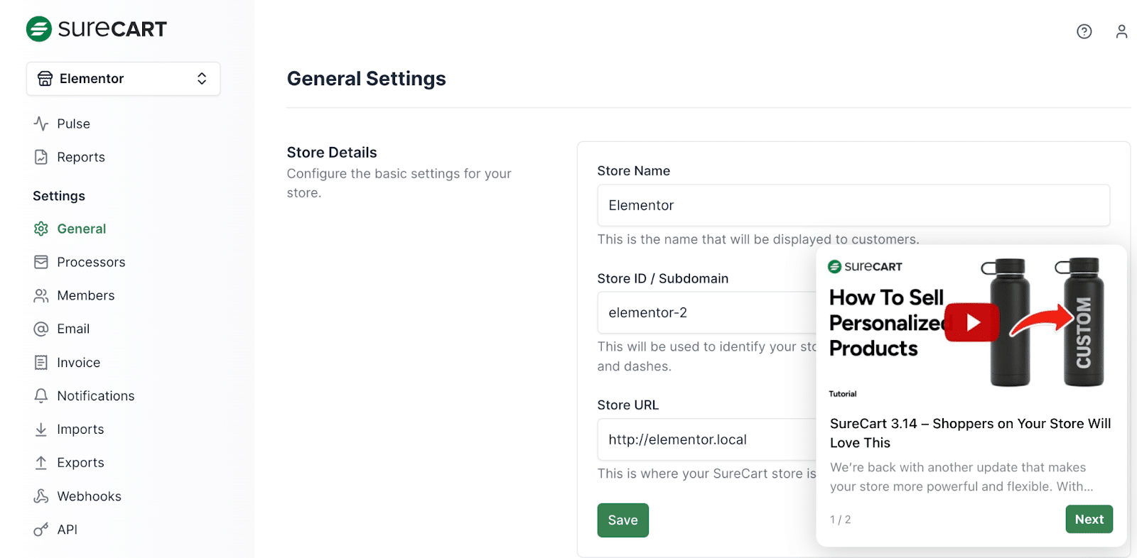 Image showing SureCart general settings dashboard.