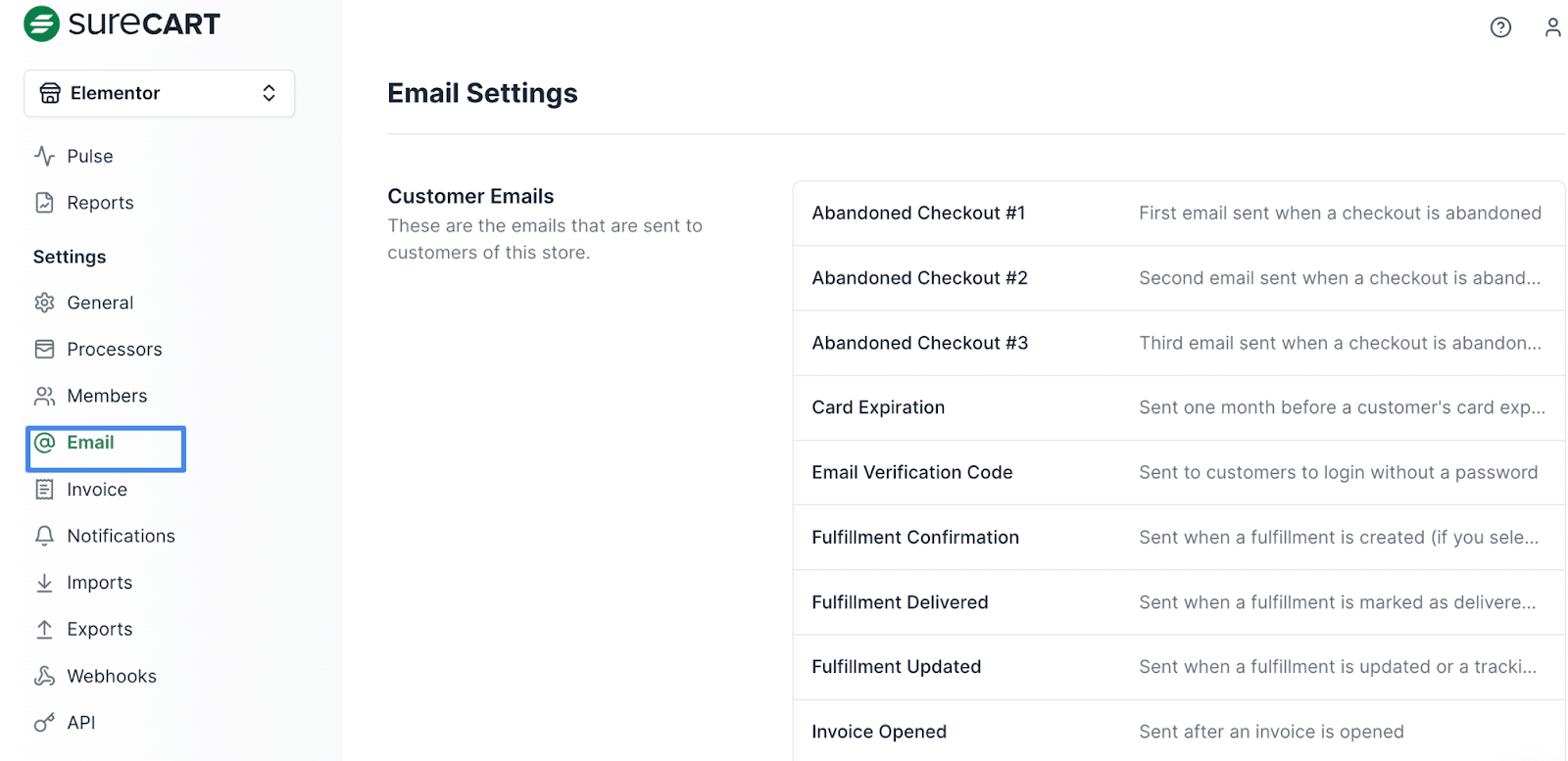 Image showing SureCart email settings.