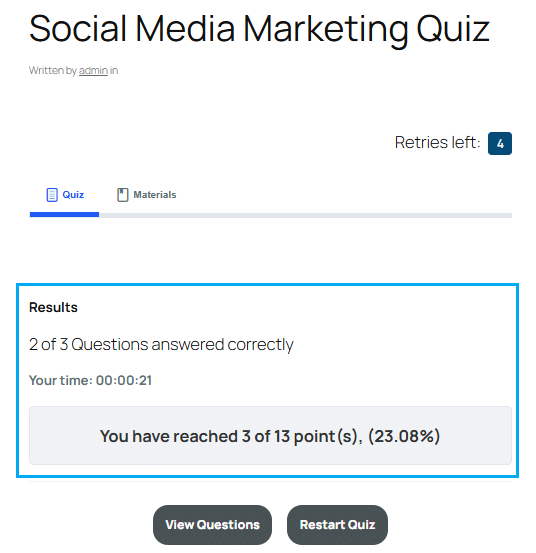 Image showing the results of your LearnDash Quizzes. 
