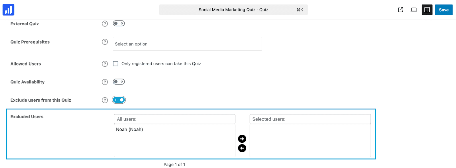 Image showing options of excluded users. 
