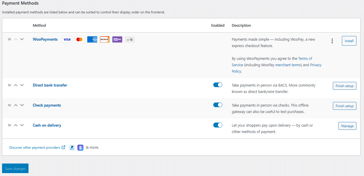 Image showing Payment methods on your WordPress settings. 