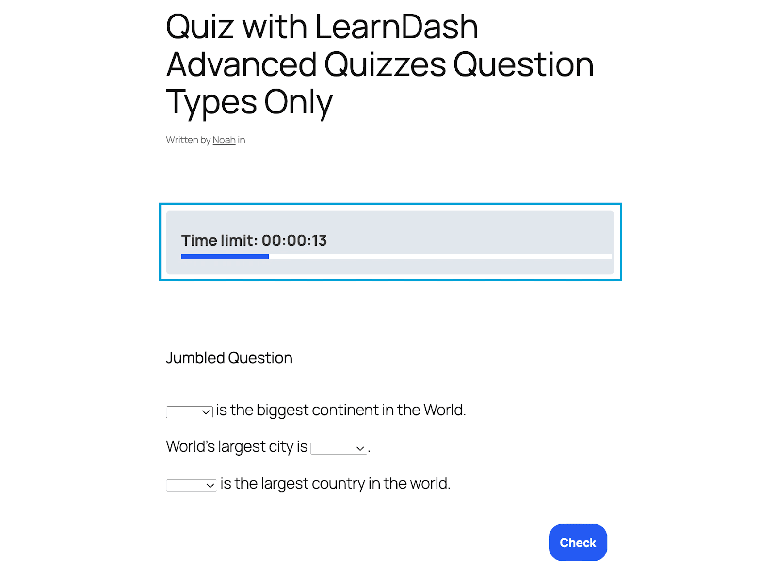 Image showing LearnDash Quizzes with advanced quizzes question types only.