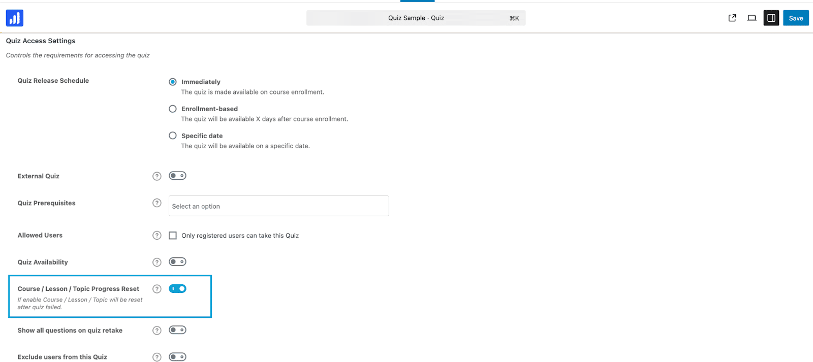 Image showing Quiz access settings.