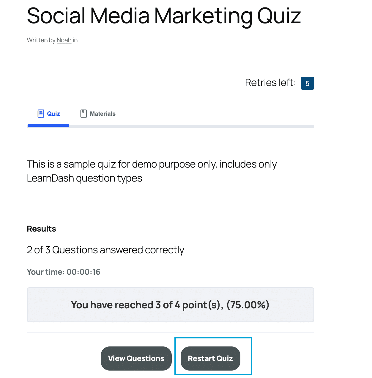 Image showing option to restart your LearnDash quiz. 