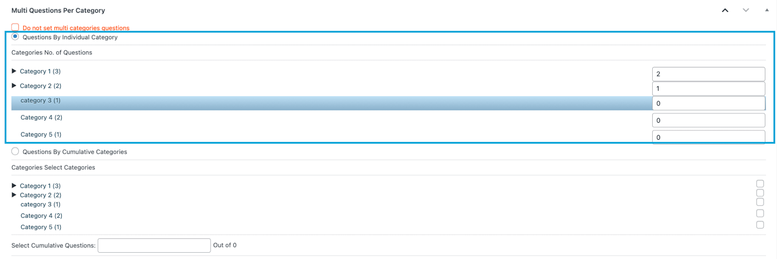 Image showing Multi questions you can have per category. 
