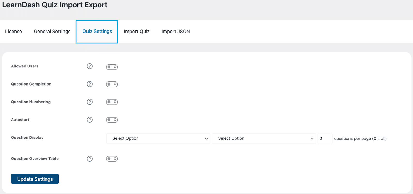 Image showing quiz settings options. 