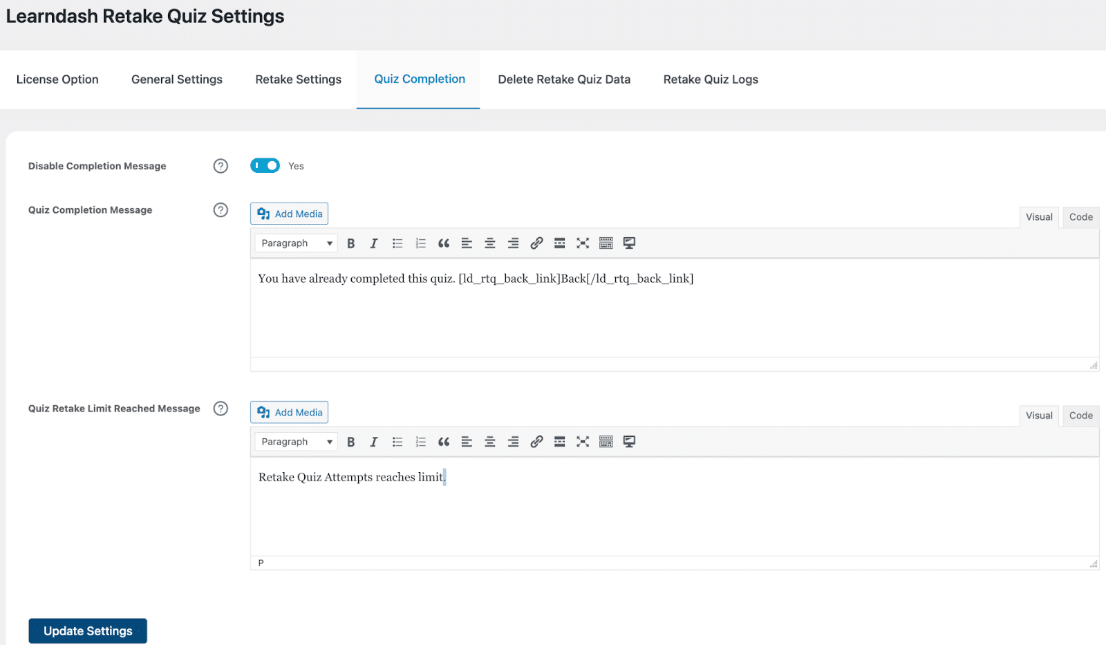 Image showing quiz settings quiz completion. 