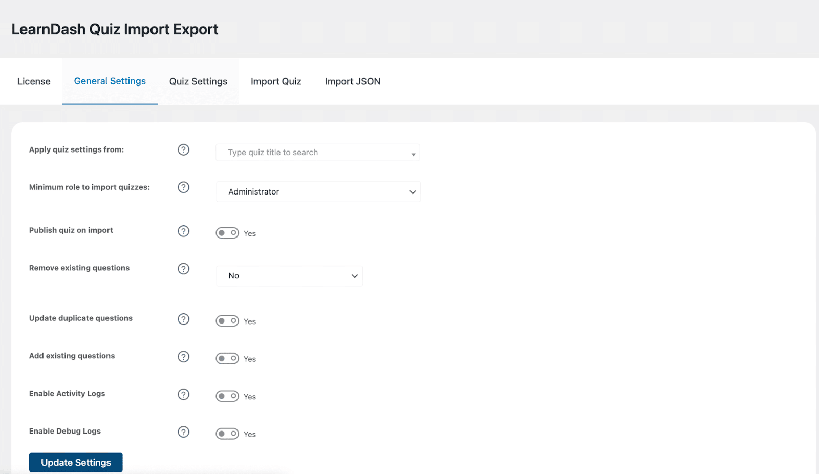 Image showing quiz import/export general settings. 
