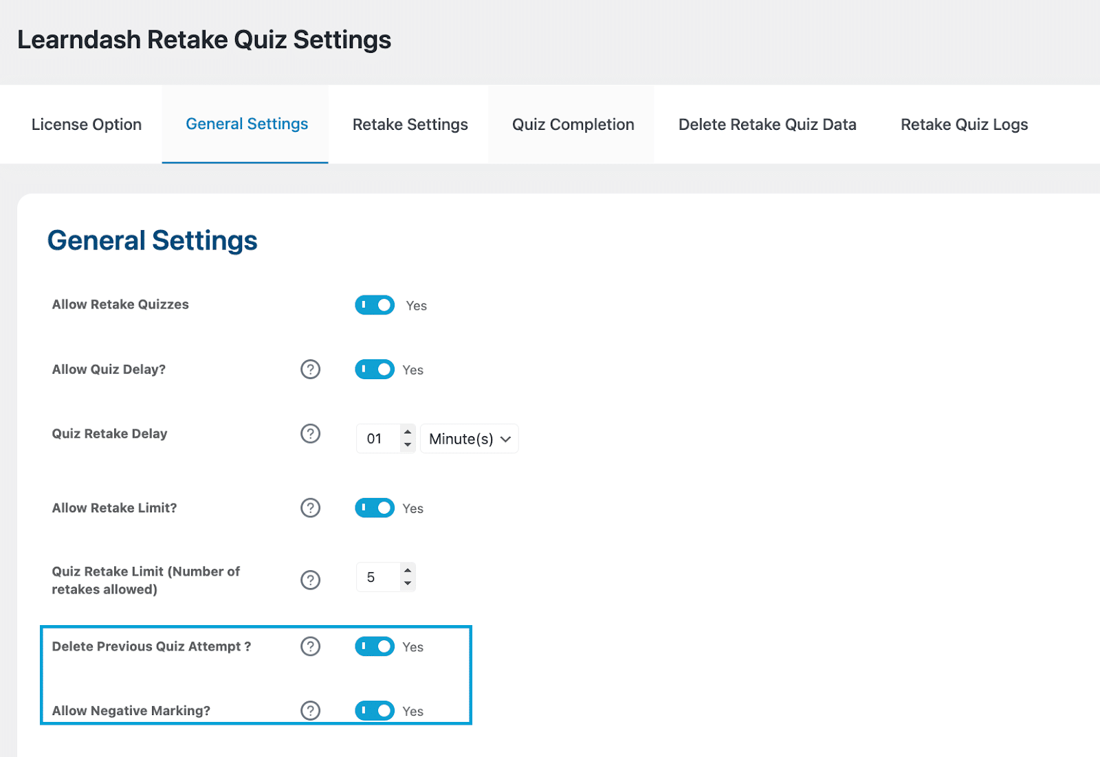 Image showing General retake quiz settings.