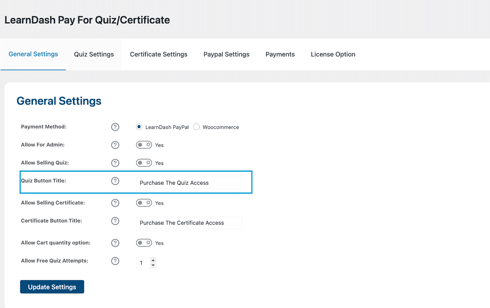 Image showing LearnDash pay for Quiz/certificate quiz button title. 