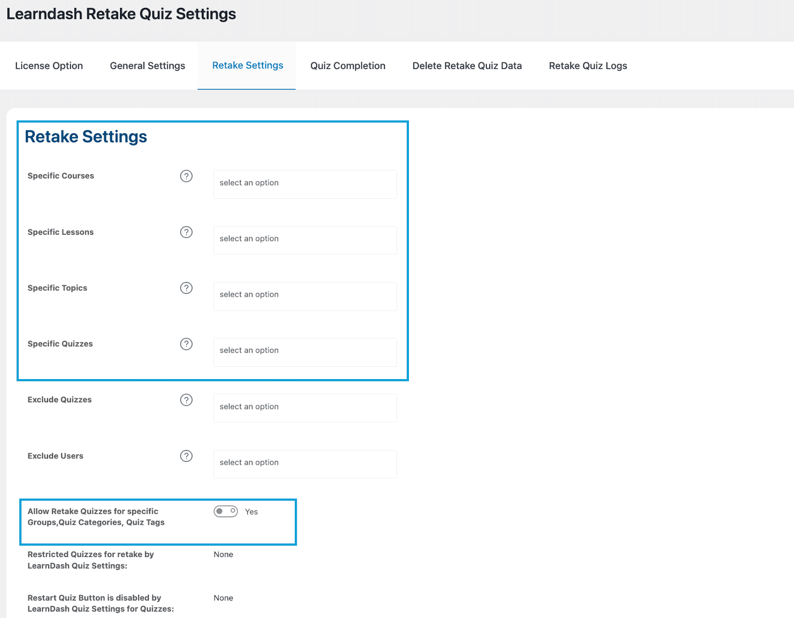 Image showing you learndash retake quiz settings. 