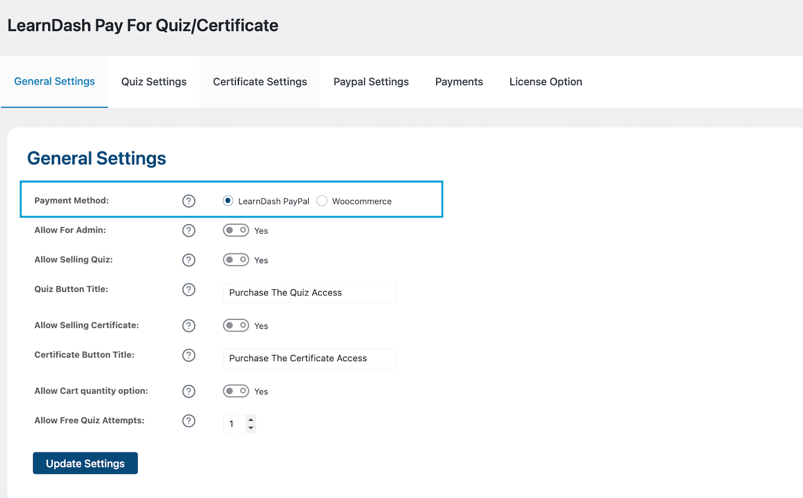 Image showing general settings for payment method. 