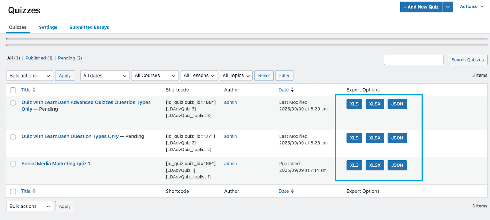 Image showing Quizzes export options. 