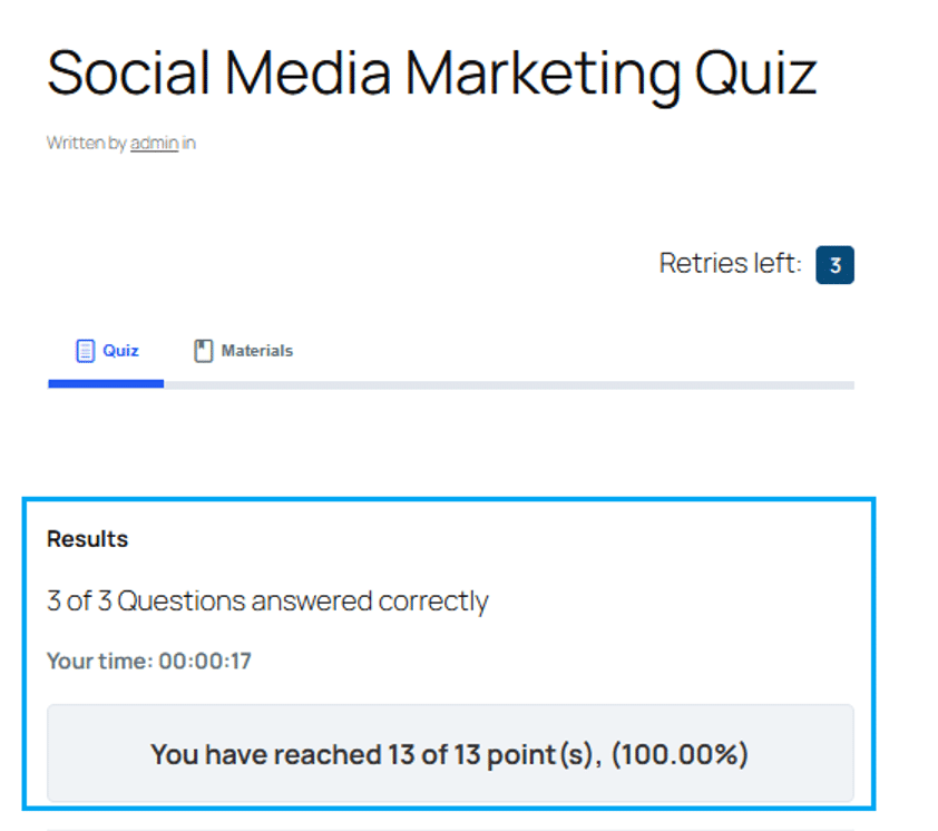 Image showing social media Learndash quizzes result. 