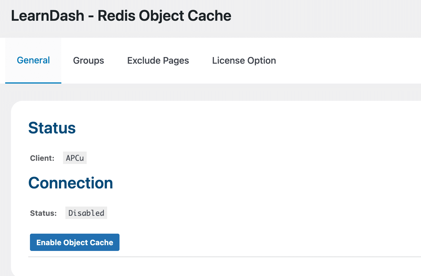 Image showing LearnDash Redis Object Cache general connections.