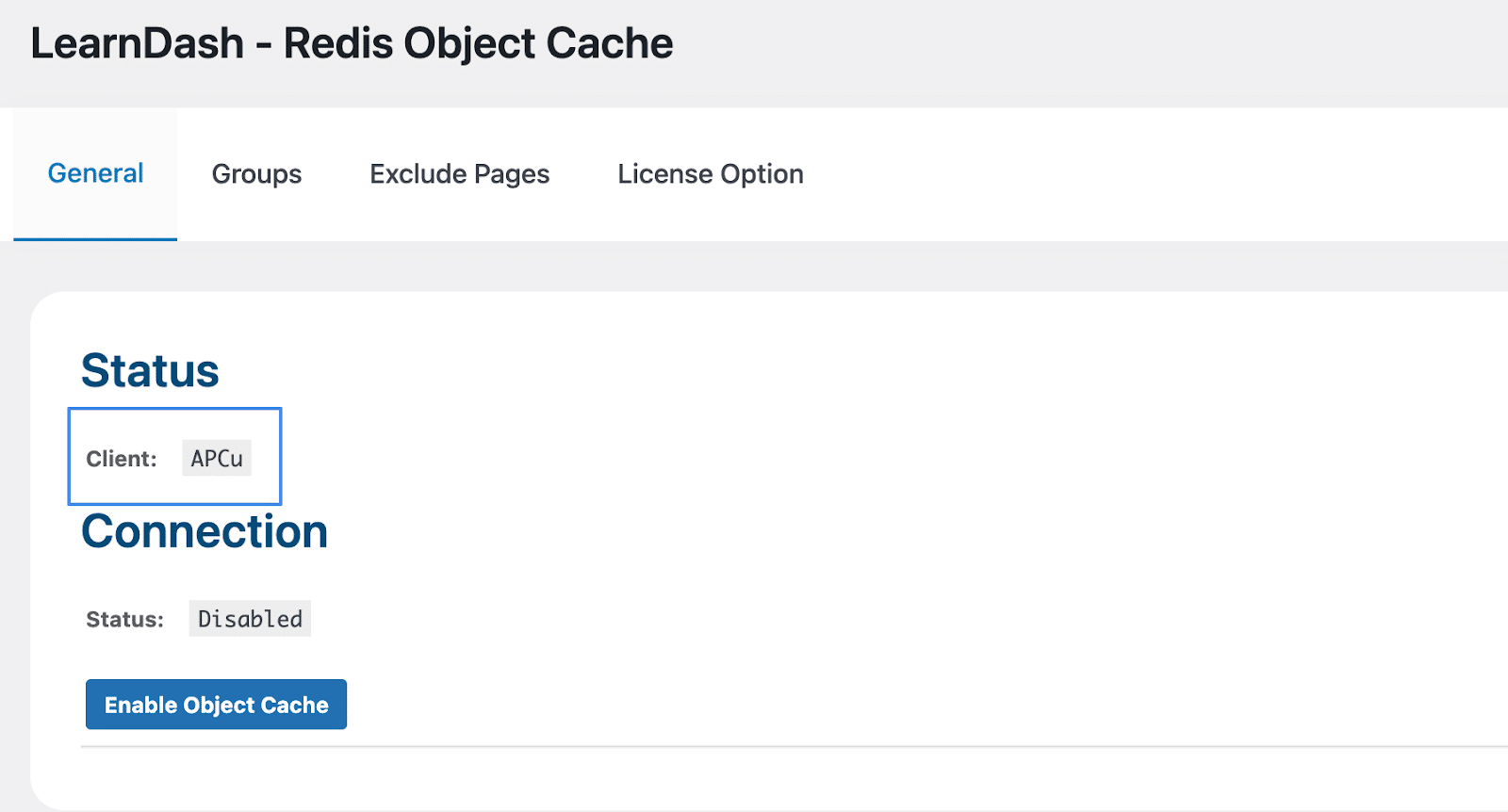 Image showing LearnDash Redis object cache status. 