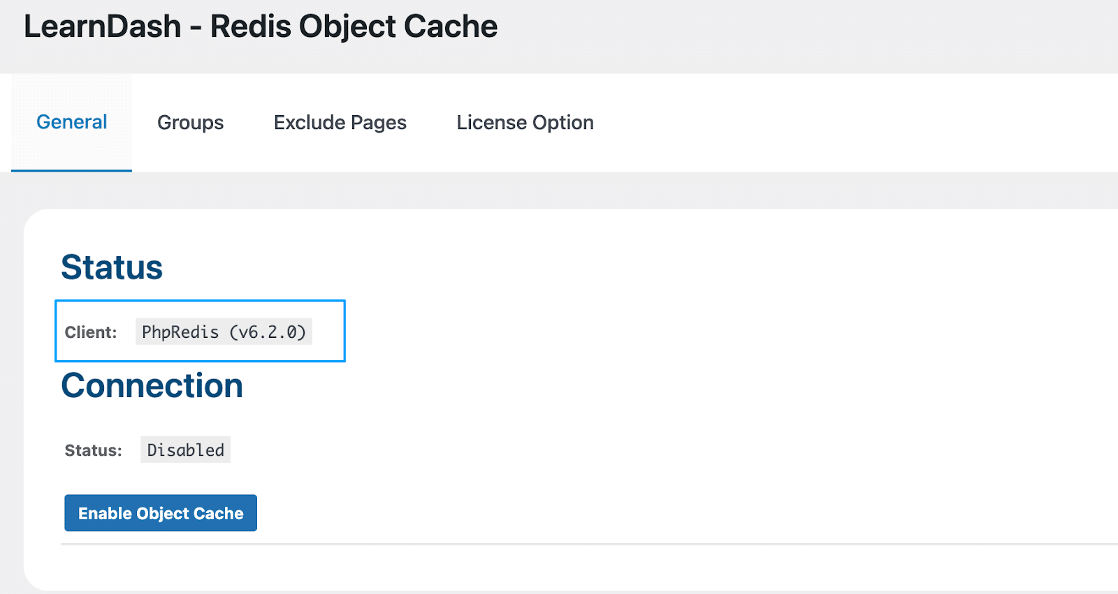 Image showing LearnDash redis object cache. 