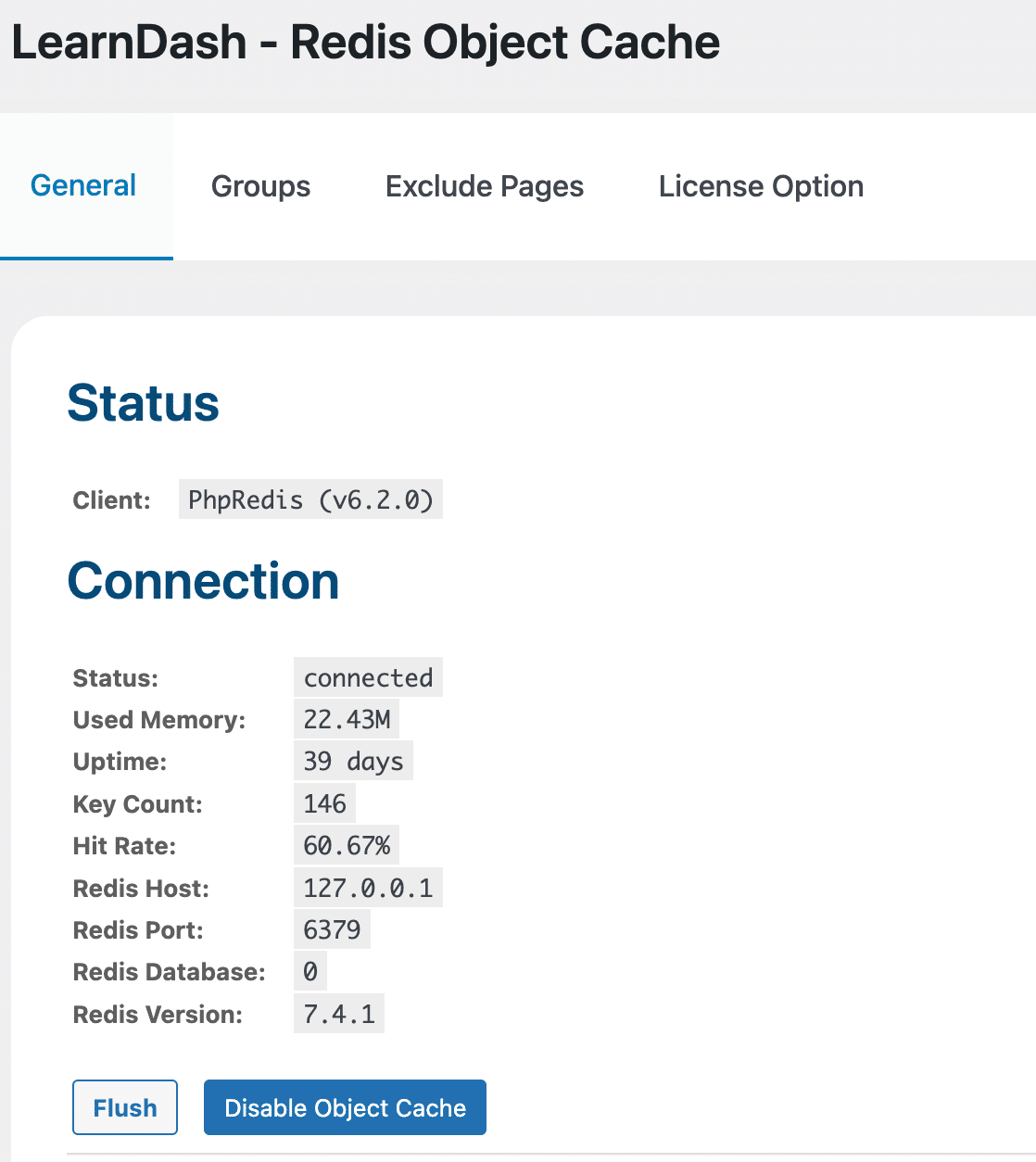 Image showing Learndash Redis Object cache View connection info