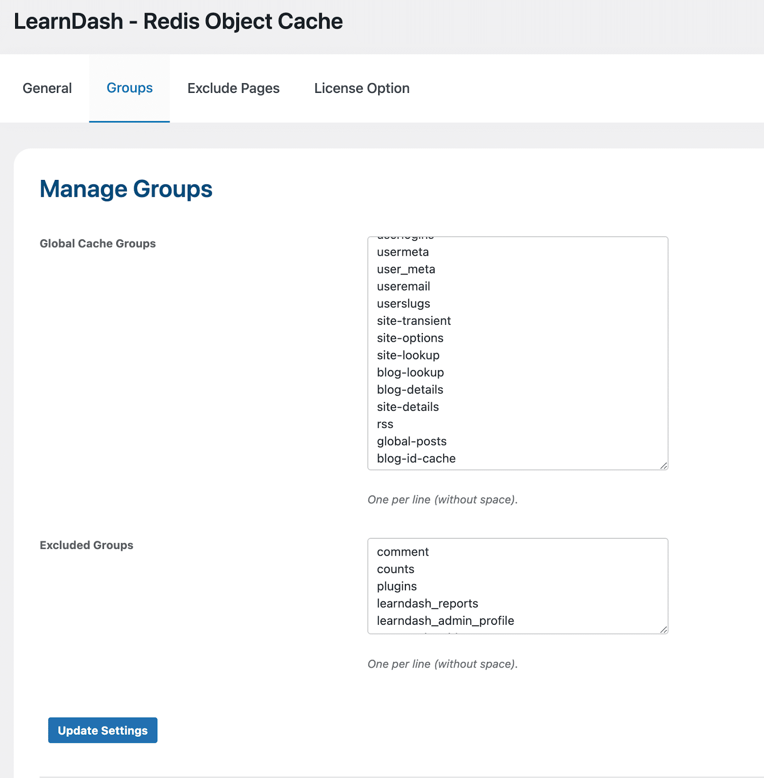 Image showing LearnDash redis object cache on how to manage groups. 