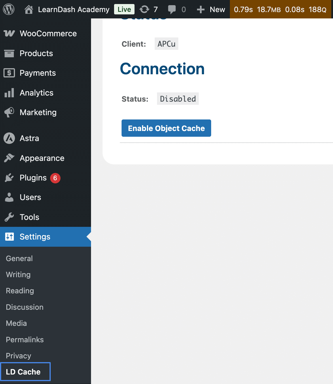 Image showing Once activated, go to:
WordPress Dashboard > Settings > LD Cache
