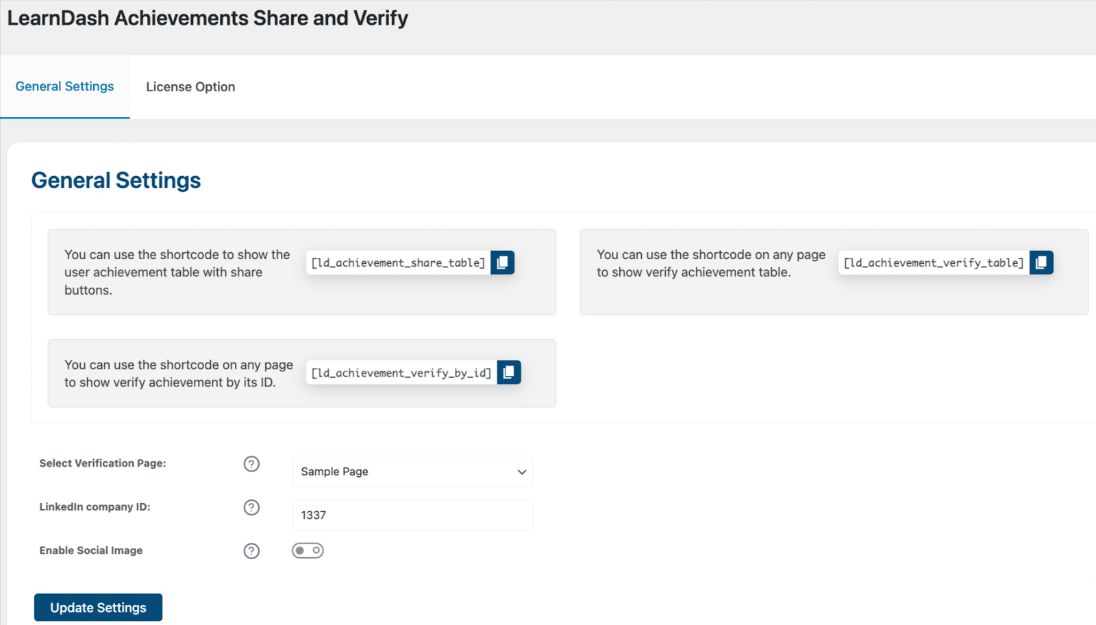 Image showing LearnDash achievements share and verify on general settings.