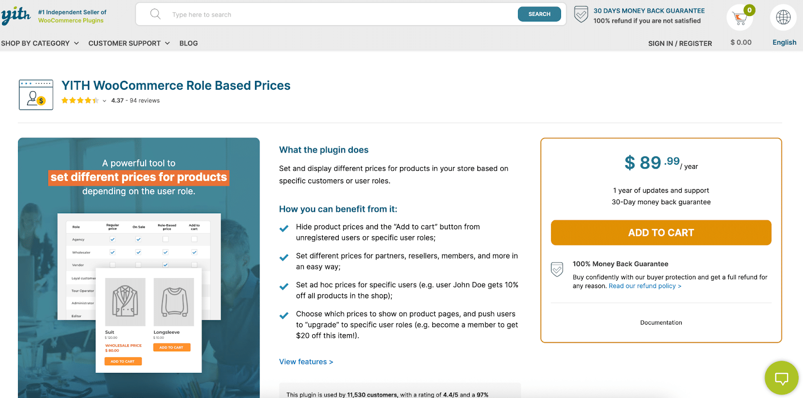 Image showing YITH WooCommerce Role Based Prices website dashboard.