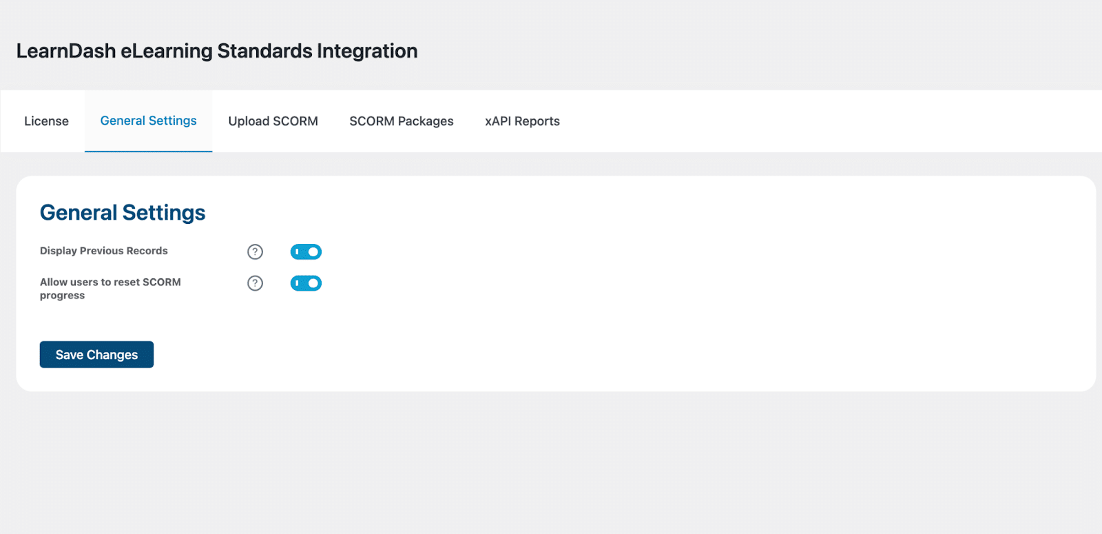 Image showing the general settings for the LearnDash eLearning Standards Integration Add-On.