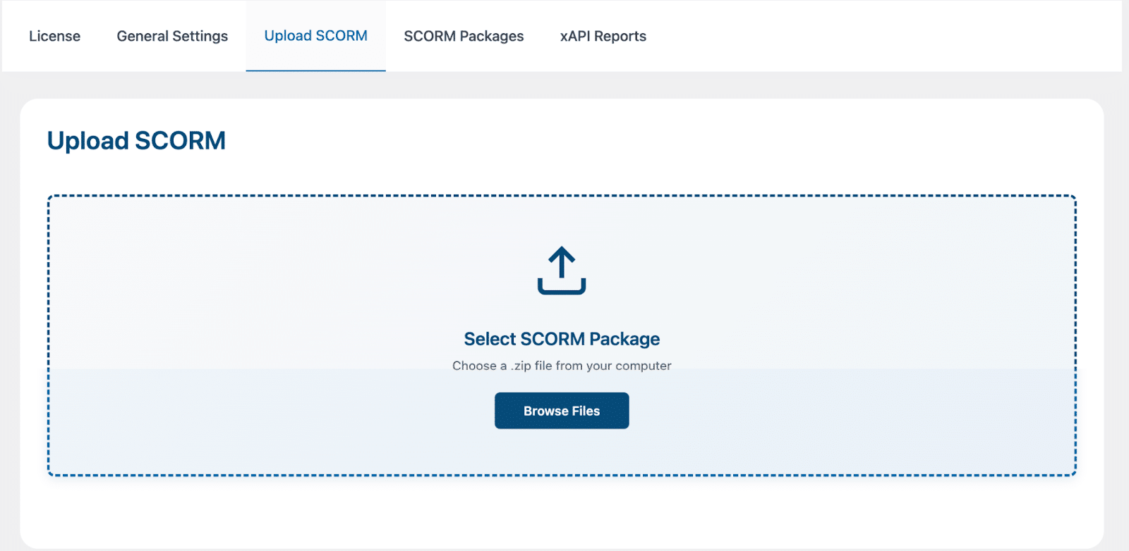 Image showing how to upload SCORM with LearnDash eLearning Standards Integration Add-On.