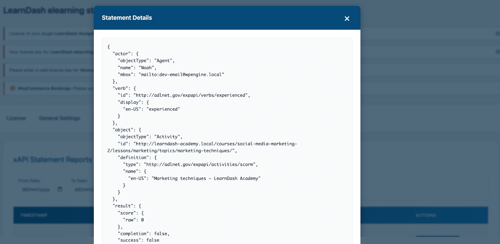 Image showing In-Depth xAPI Reporting on the LearnDash eLearning Standards Integration Add-On.