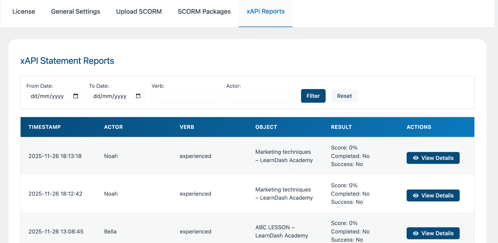 Image showing In-Depth xAPI Reporting on the LearnDash eLearning Standards Integration Add-On.