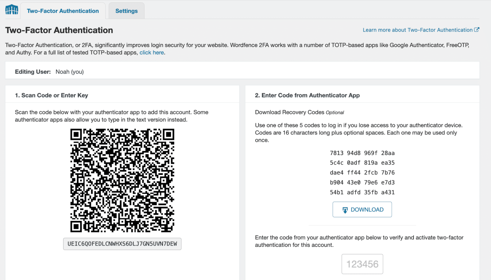 Image showing WordPress security 2FA.