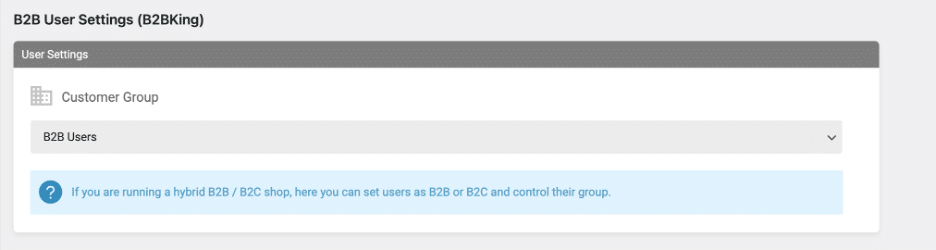 Image showing B2B user settings.