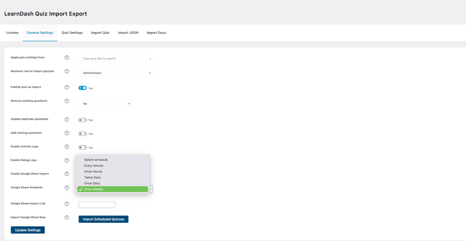 Image showing how often you want LearnDash to check your sheet for updates. 