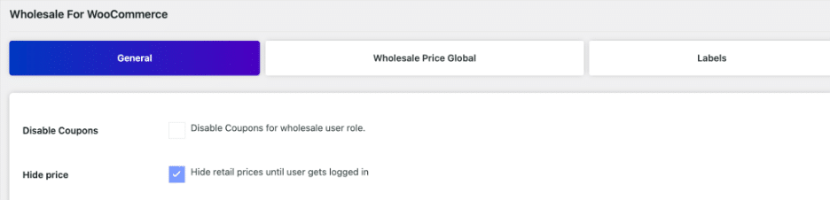 Image showing Wholesale for WooCommerce general settings.