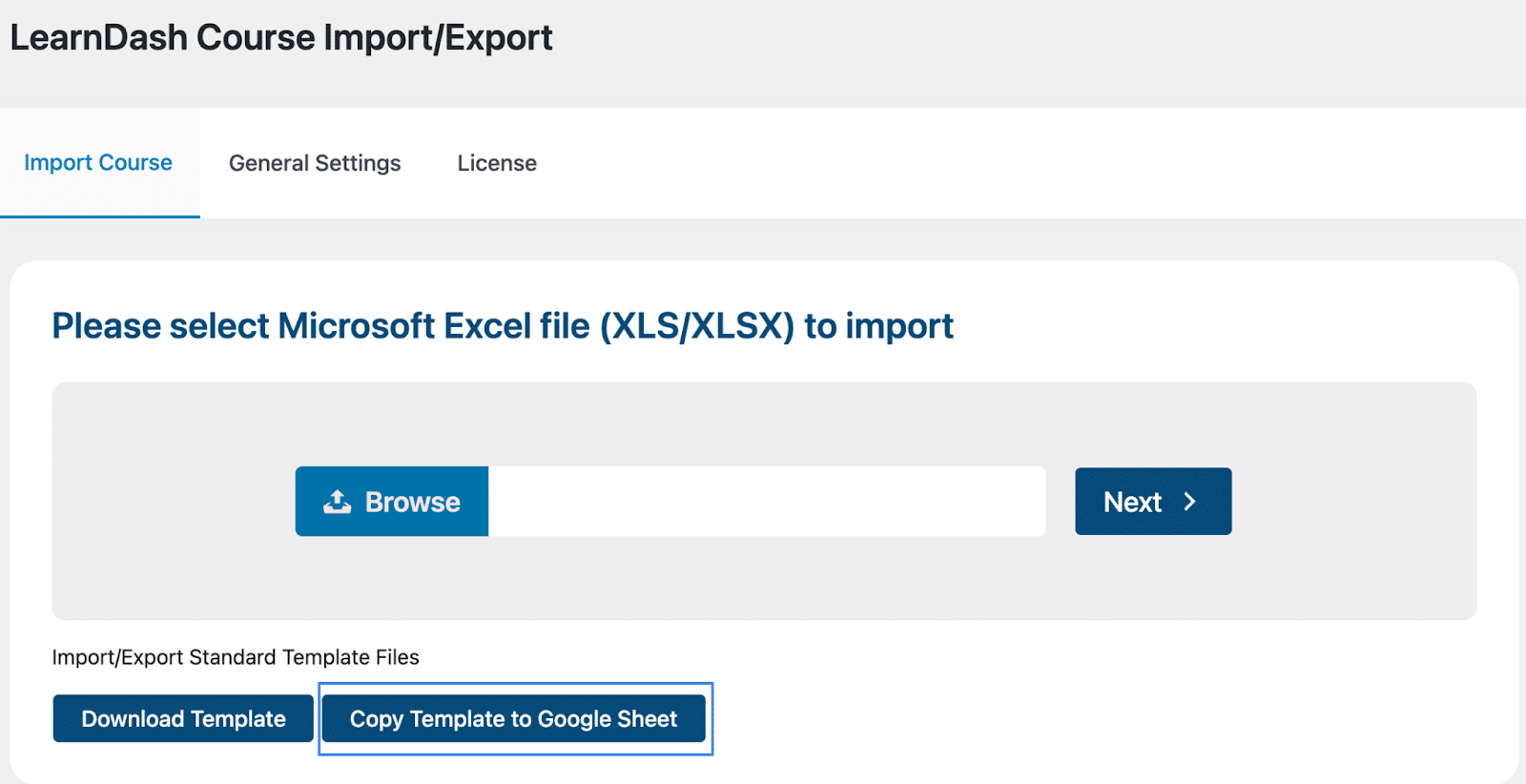 Image showing LearnDash course import/export template. 