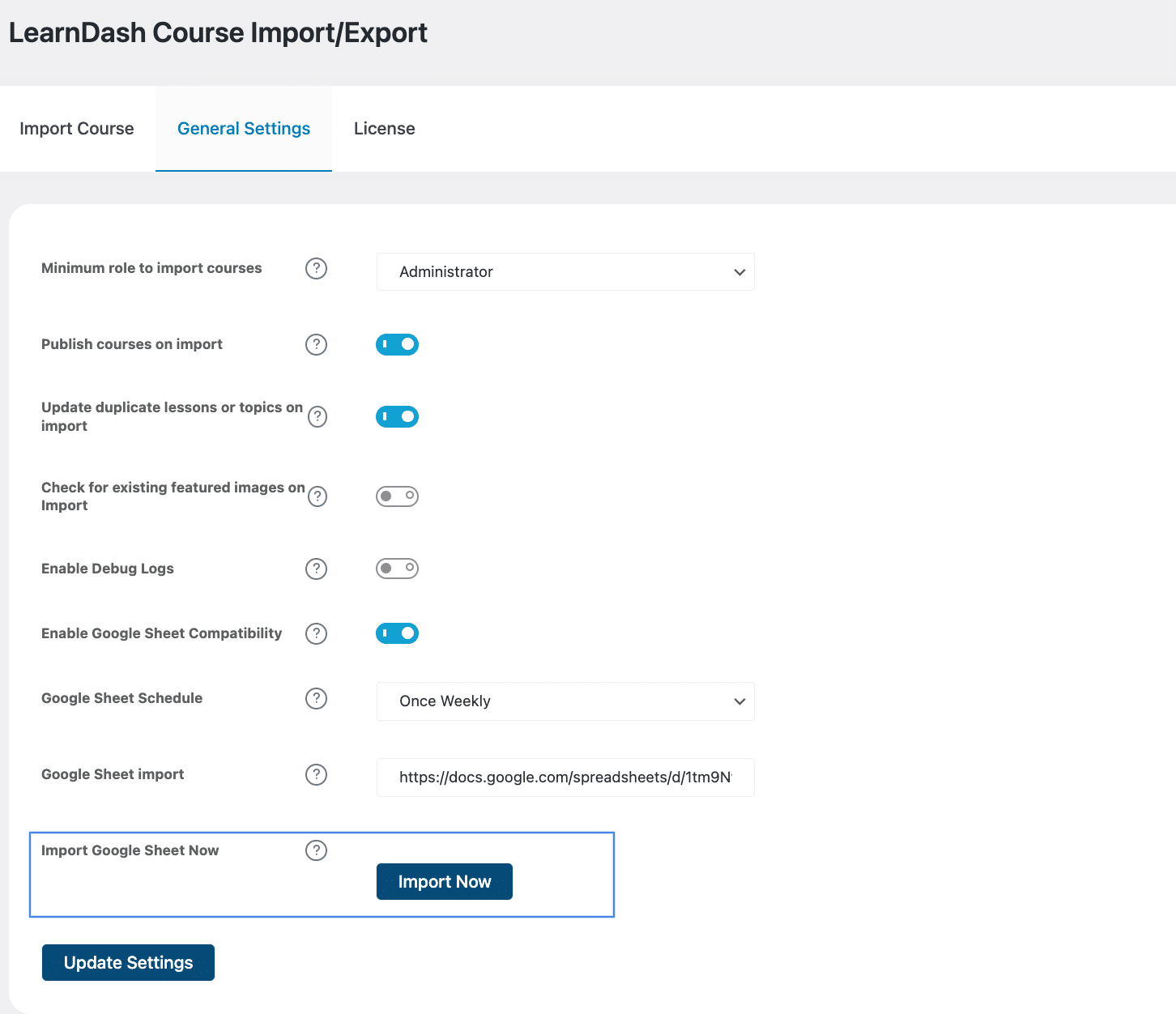 Image showing LearnDash course import/export general settings of import google sheet now. 