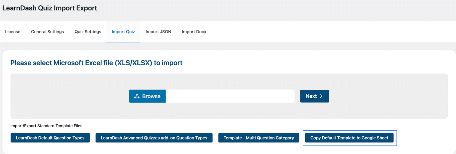 Image showing LearnDash quiz import/export template. 