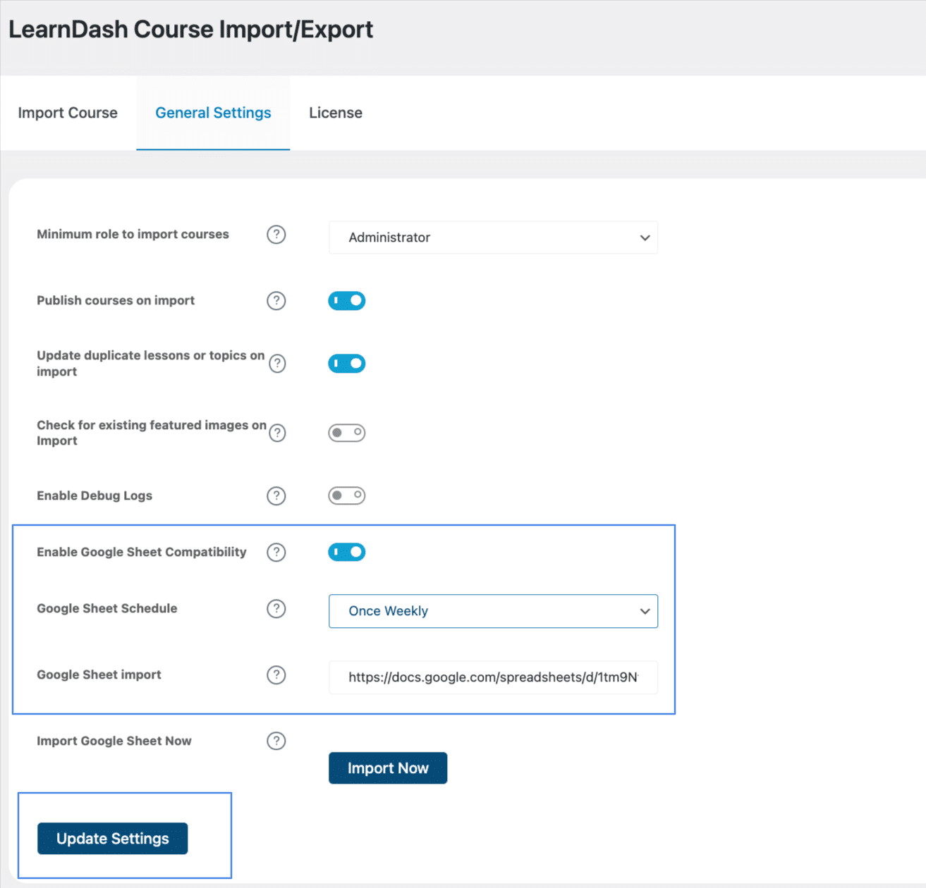 Image showing LearnDash course import/export general settings. 