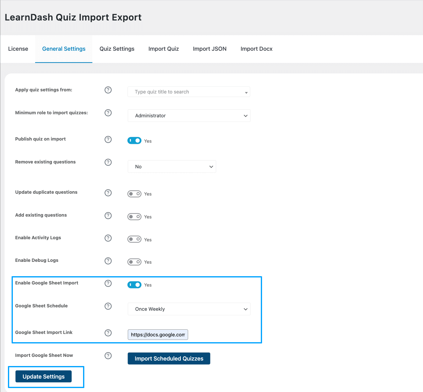Image showing learnDash quiz import/export general settings. 
