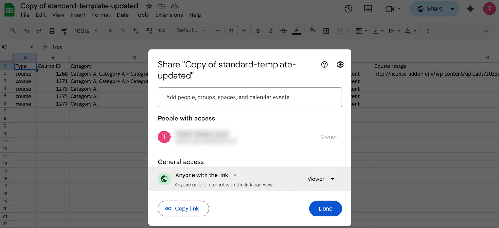 Image showing how to share link of your google sheet.