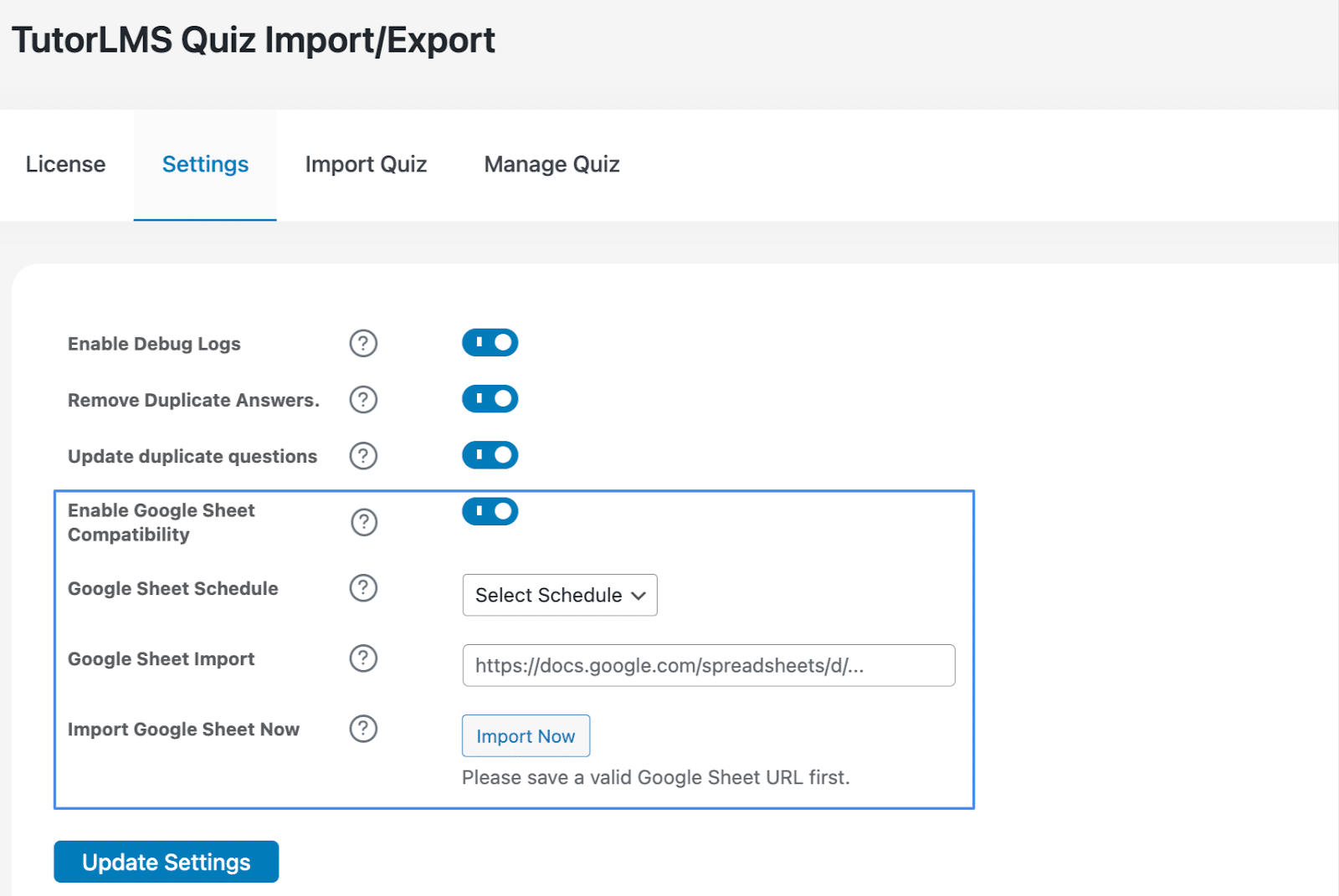 Image showing TutorLMS quiz import/export settings. 